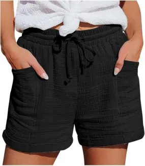 Womens Cotton Shorts, Linen Shorts for Women Summer Casual Shorts Drawstring Elastic Waist Beach Hiking Shorts