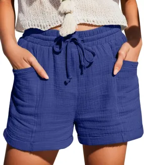 Womens Cotton Shorts, Linen Shorts for Women Summer Casual Shorts Drawstring Elastic Waist Beach Hiking Shorts