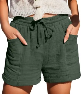 Womens Cotton Shorts, Linen Shorts for Women Summer Casual Shorts Drawstring Elastic Waist Beach Hiking Shorts