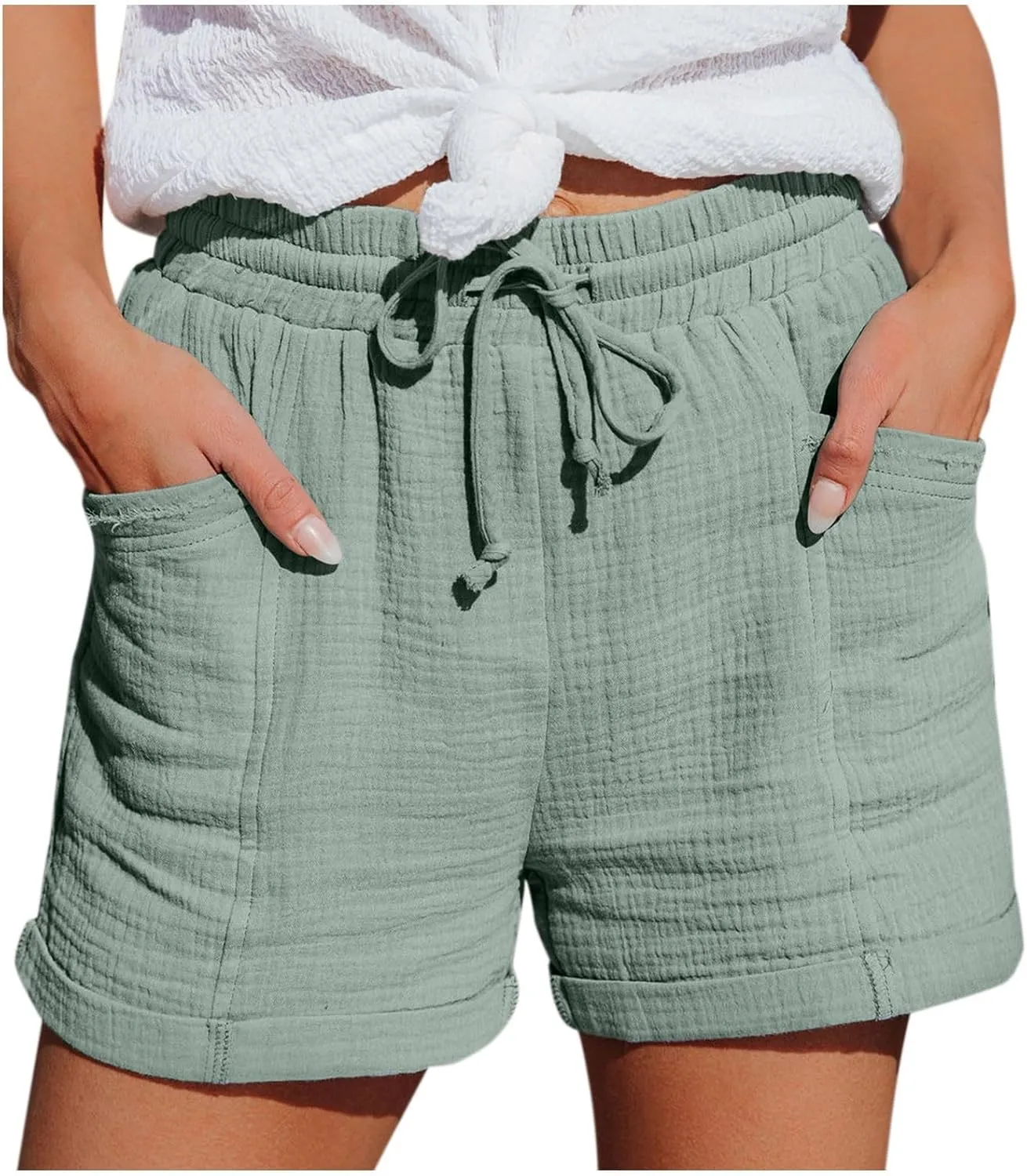 Womens Cotton Shorts, Linen Shorts for Women Summer Casual Shorts Drawstring Elastic Waist Beach Hiking Shorts