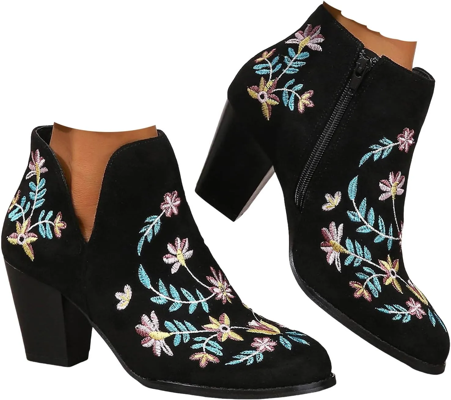 Womens Cowboy Boots Chunky Block Heel Pointed Toe Embroidery Womens Cowboy Boots Ankle Short Western Boots for Women