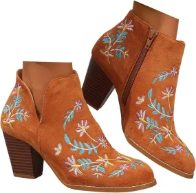 Womens Cowboy Boots Chunky Block Heel Pointed Toe Embroidery Womens Cowboy Boots Ankle Short Western Boots for Women