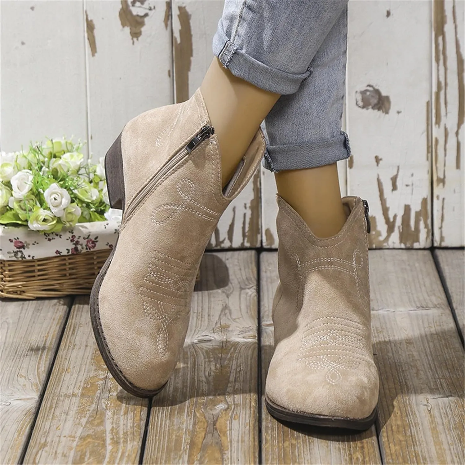 Womens Cowboy Boots Comfortable Chunky Block Heel Round Toe Western Short Womens Cowboy Boots Ankle Side Zipper Cowgirl Boots