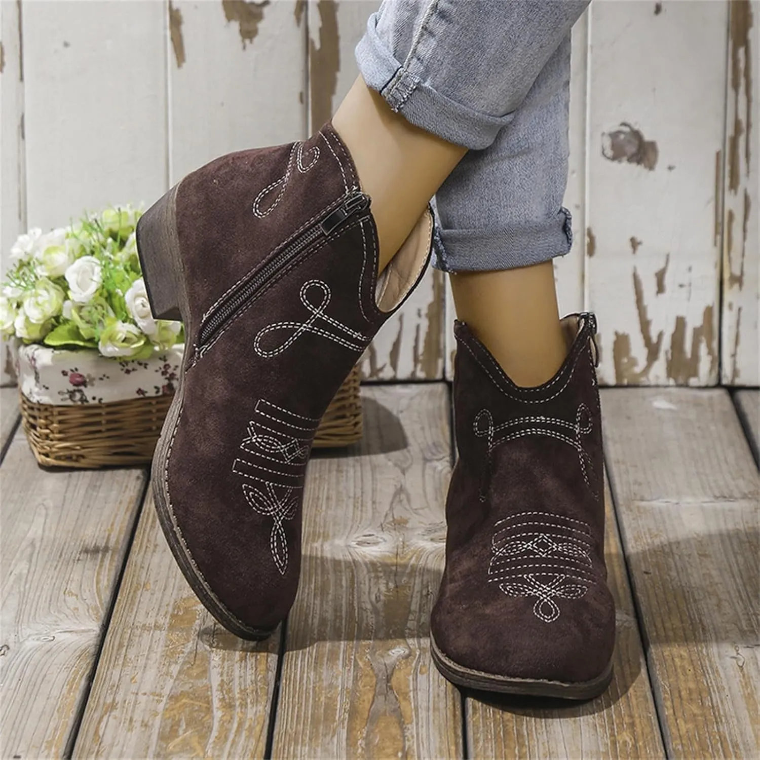 Womens Cowboy Boots Comfortable Chunky Block Heel Round Toe Western Womens Cowboy Boots Ankle Side Zipper Short Cowboy Boots