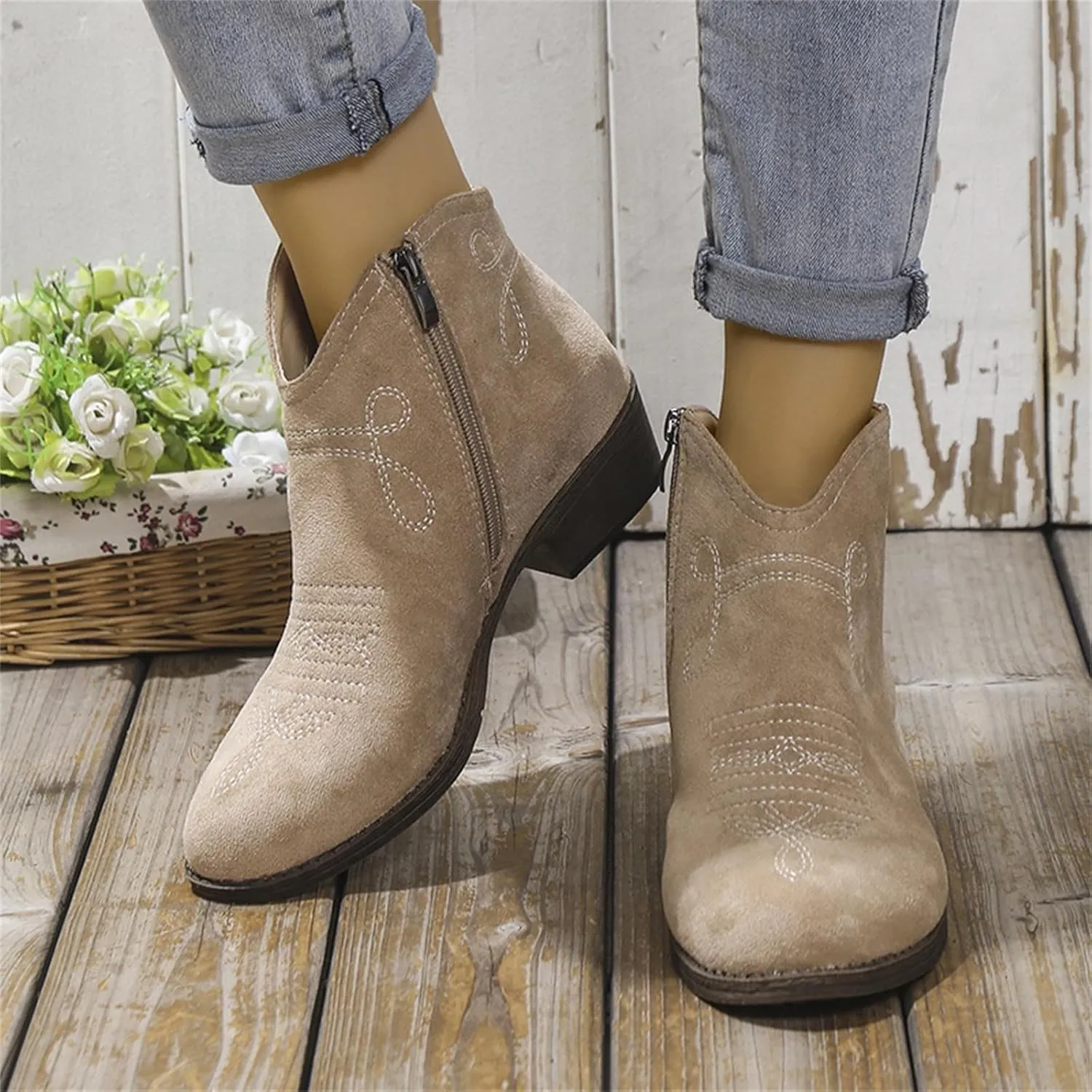 Womens Cowboy Boots Comfortable Chunky Block Heel Round Toe Western Womens Cowboy Boots Ankle Side Zipper Short Cowboy Boots