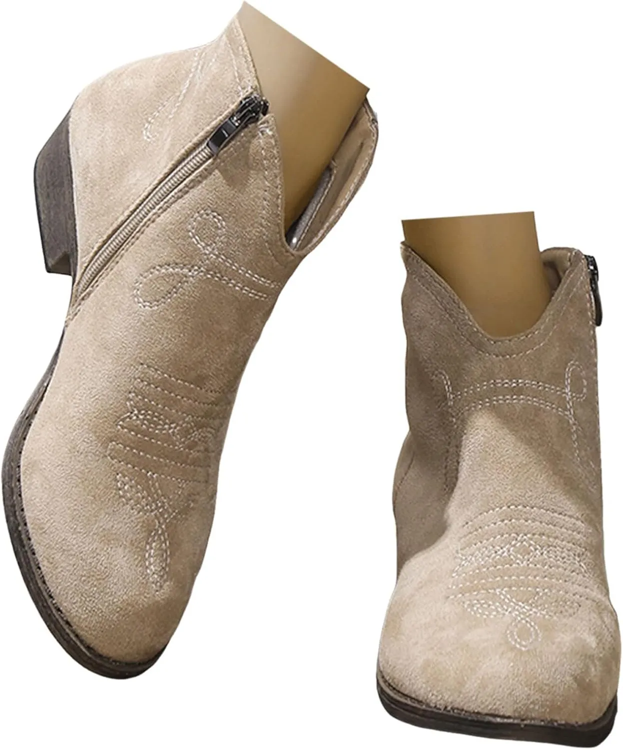 Womens Cowboy Boots Comfortable Chunky Block Heel Round Toe Western Womens Cowboy Boots Ankle Side Zipper Short Cowboy Boots
