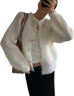 Women's Crewneck Solid Cardigan Casual Button Down Long Sleeve Knitwear Sweater Tops