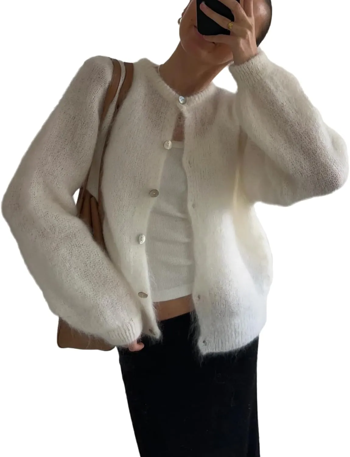 Women's Crewneck Solid Cardigan Casual Button Down Long Sleeve Knitwear Sweater Tops