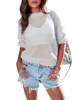 Women's Crochet Crewneck Lightweight Hollow Out Long Sleeve Sexy Knit Sweater