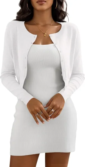 Women's Cropped Cardigan Sweaters Crew Neck Button Down Open Front Knit Bolero Shrugs