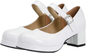 Womens Cute Lolita Shoes White Patent Leather Mary Janes Platform Pumps Chunky Heeled Dress Shoes US Size 8
