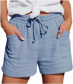 Womens Drawstring Shorts Elastic Waist Summer Casual Shorts with Pockets Comfy Linen Shorts High Waist Sweat Shorts