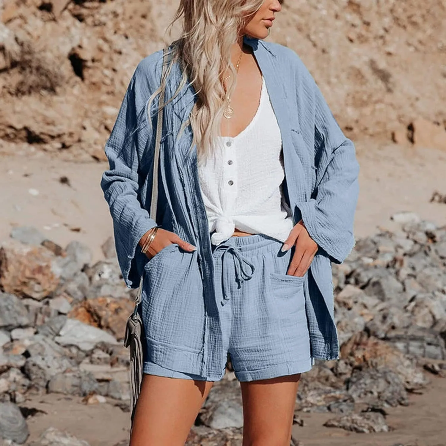 Womens Drawstring Shorts Elastic Waist Summer Casual Shorts with Pockets Comfy Linen Shorts High Waist Sweat Shorts