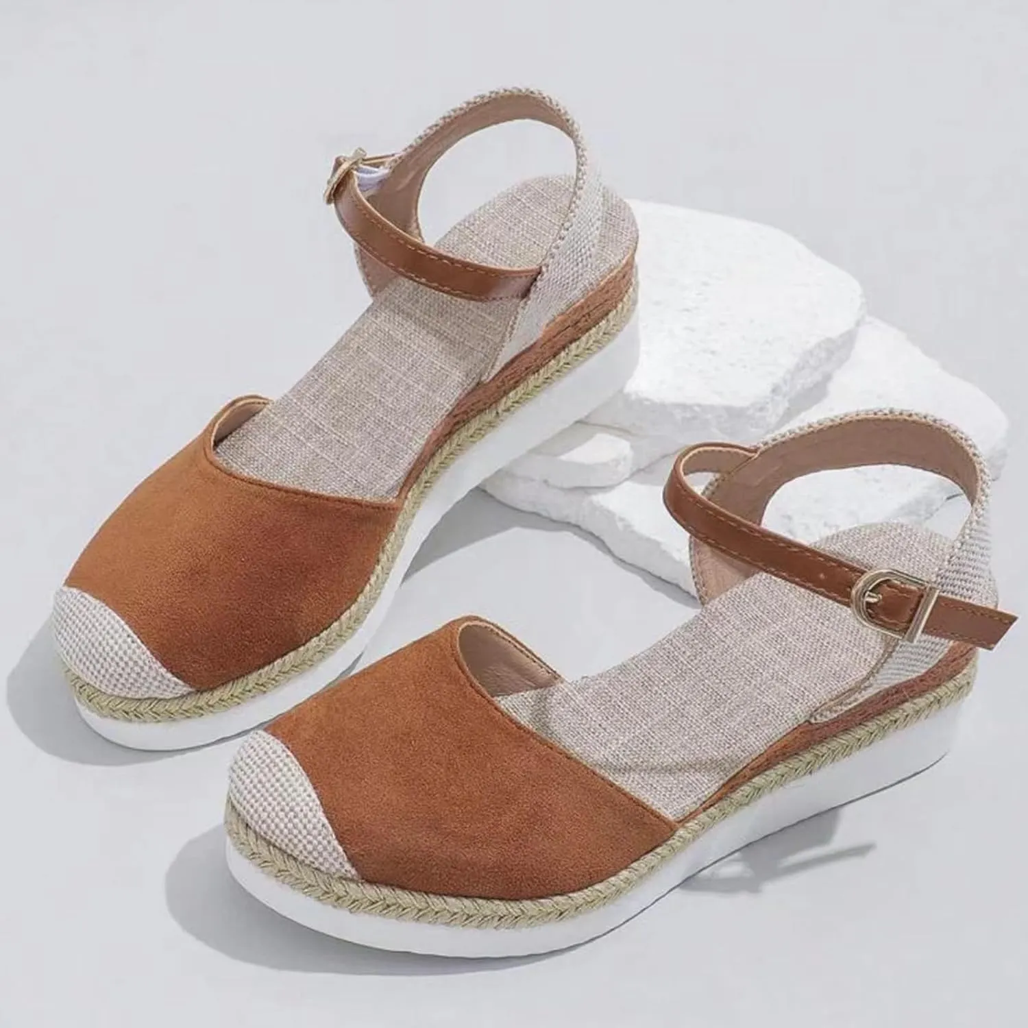 Womens Espadrilles Sandals Platform Closed Toe Ankle Strap Dressy Platform Wedge Sandals Casual Summer Beach Shoes