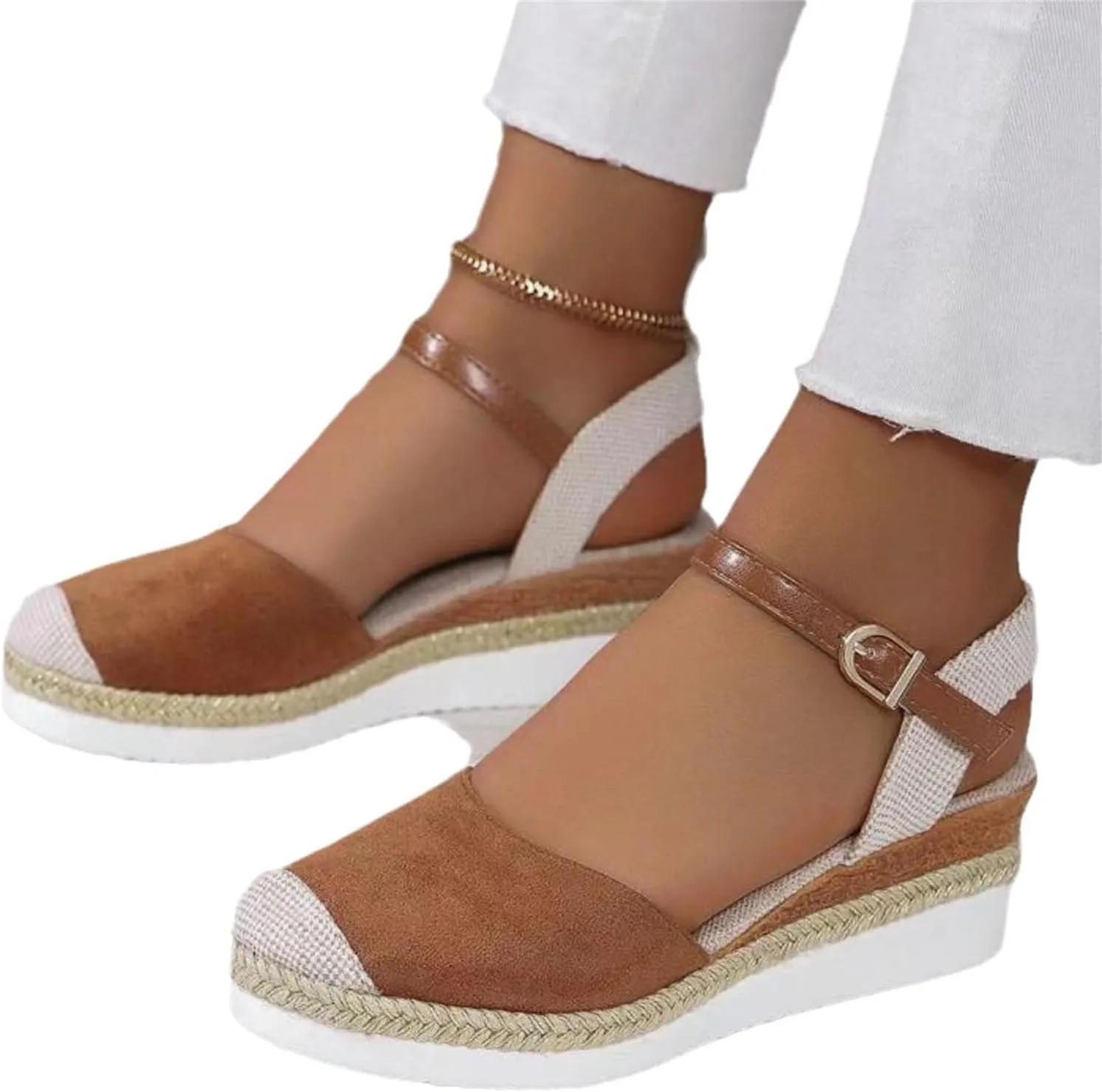 Womens Espadrilles Sandals Platform Closed Toe Ankle Strap Dressy Platform Wedge Sandals Casual Summer Beach Shoes