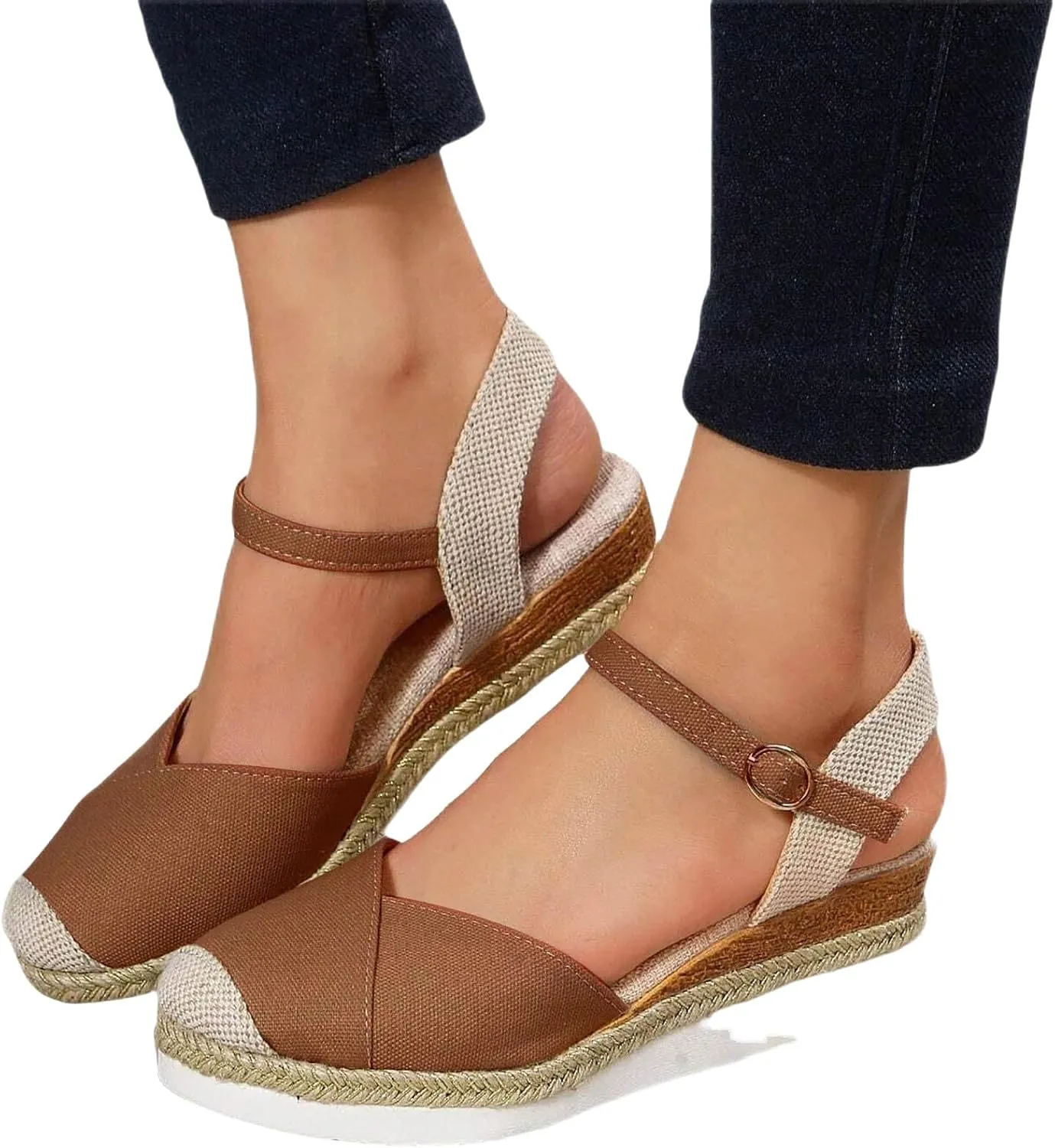 Womens Espadrilles Sandals Platform Closed Toe Ankle Strap Dressy Platform Wedge Sandals Casual Summer Beach Shoes