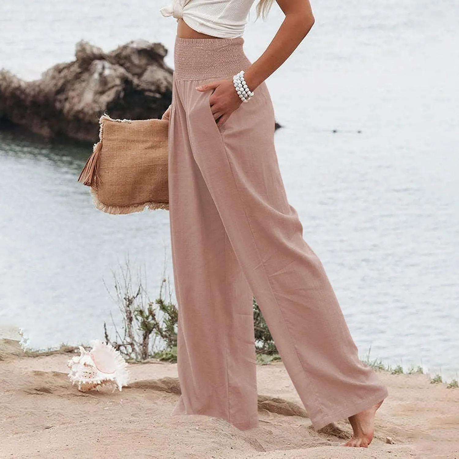 Women's Fashion Loose Casual Buttoned Wide Leg Dressy Loose Fit Pants