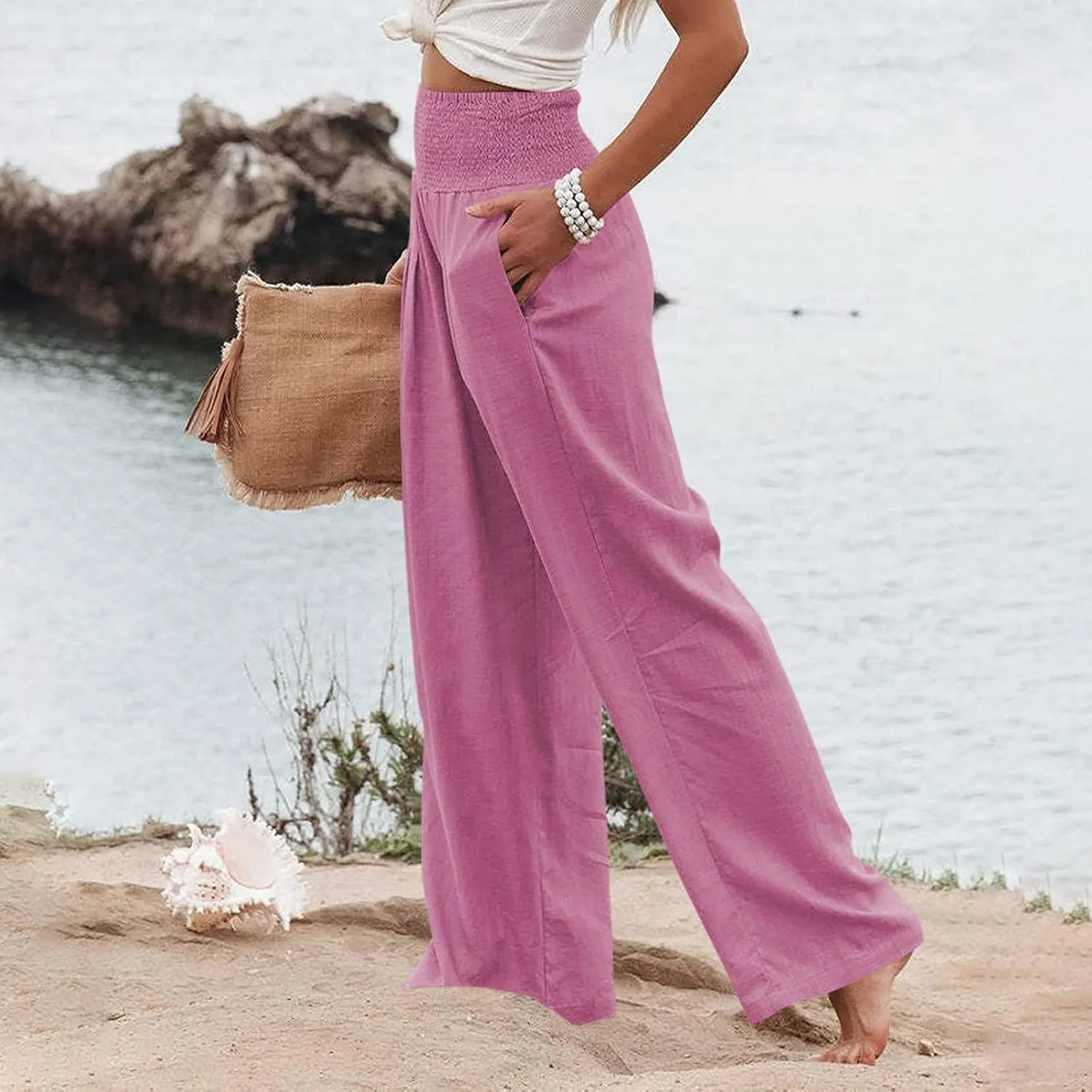 Women's Fashion Loose Casual Buttoned Wide Leg Dressy Loose Fit Pants