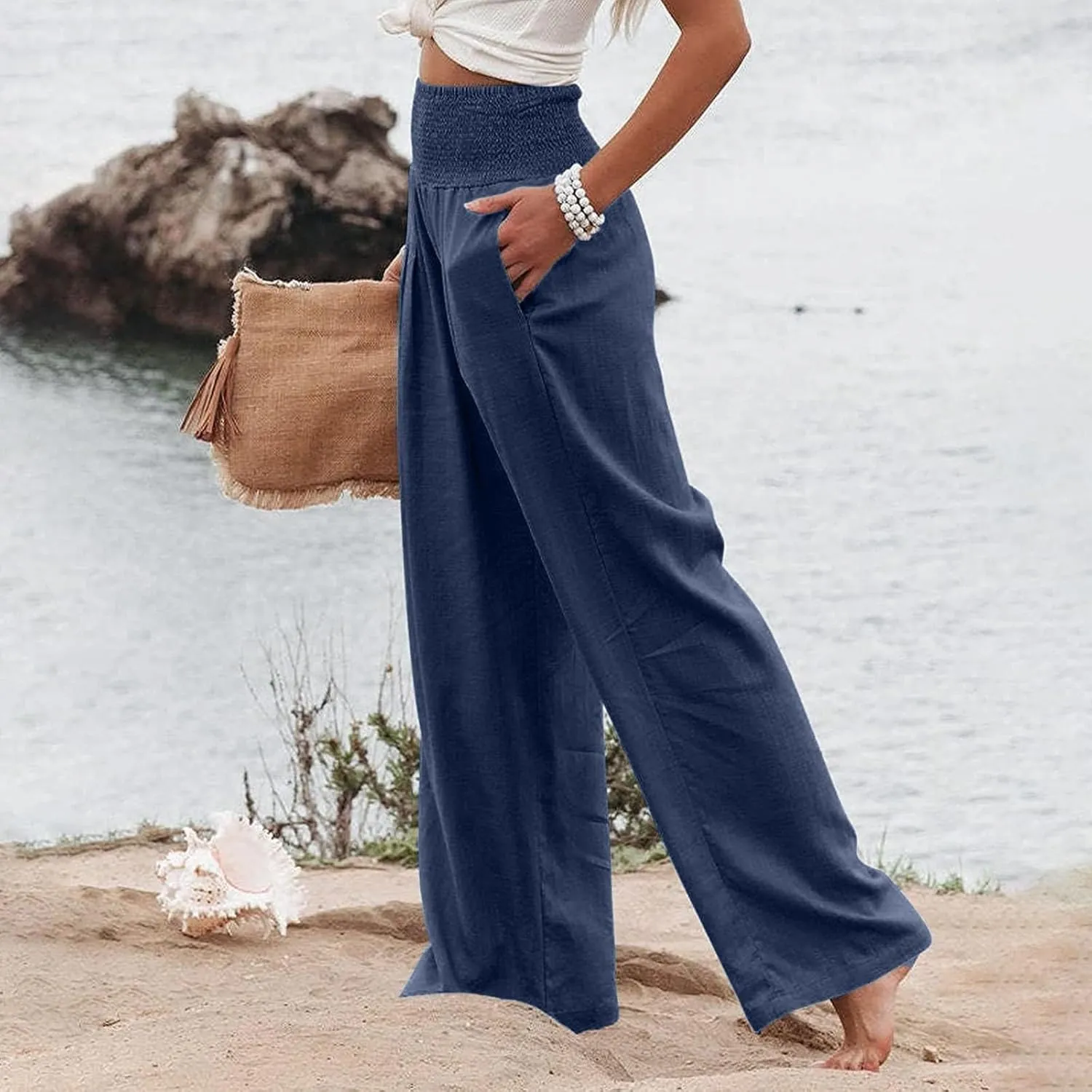 Women's Fashion Loose Casual Buttoned Wide Leg Dressy Loose Fit Pants