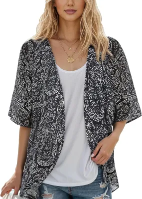 Women's Floral Print Puff Sleeve Kimono Cardigan Loose Cover Up Casual Blouse Tops
