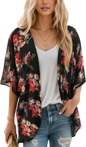 Women's Floral Print Puff Sleeve Kimono Cardigan Loose Cover Up Casual Blouse Tops