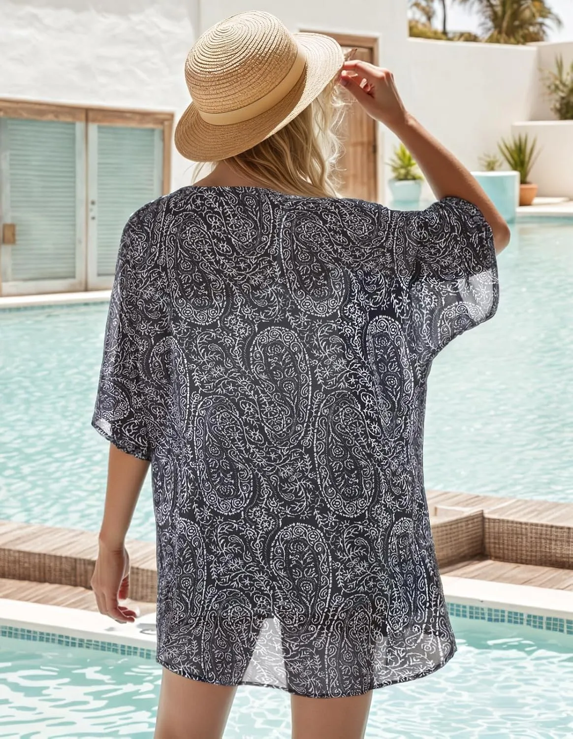 Women's Floral Print Puff Sleeve Kimono Cardigan Loose Cover Up Casual Blouse Tops