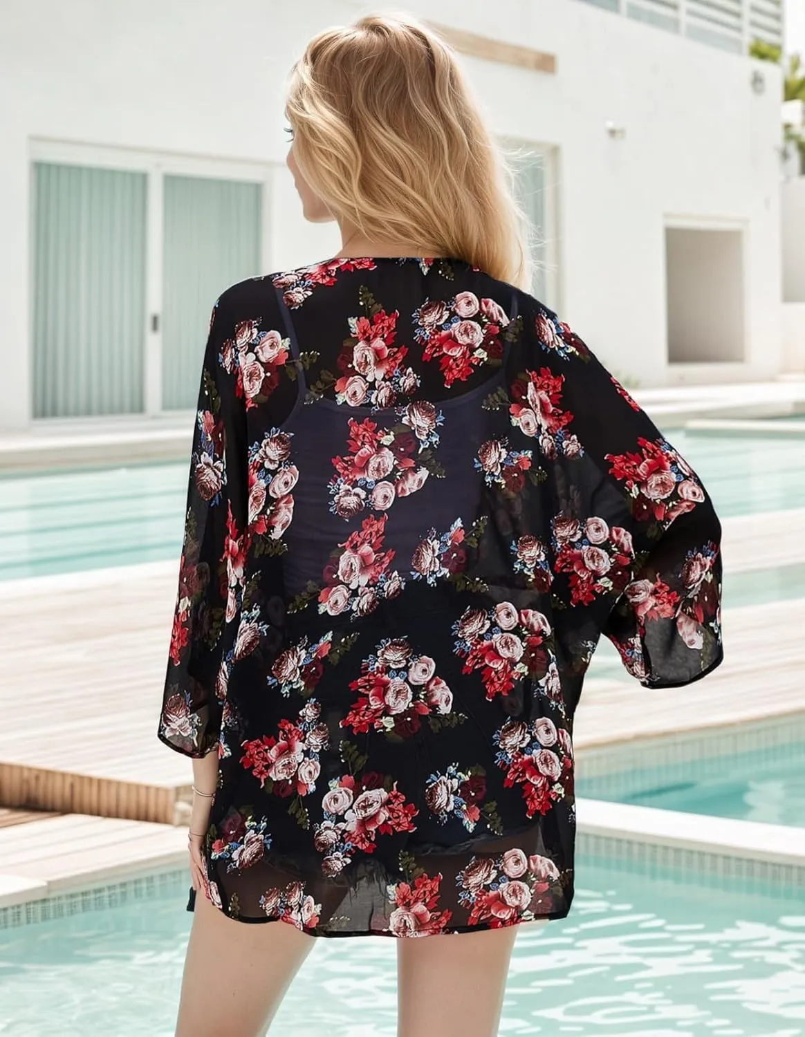 Women's Floral Print Puff Sleeve Kimono Cardigan Loose Cover Up Casual Blouse Tops