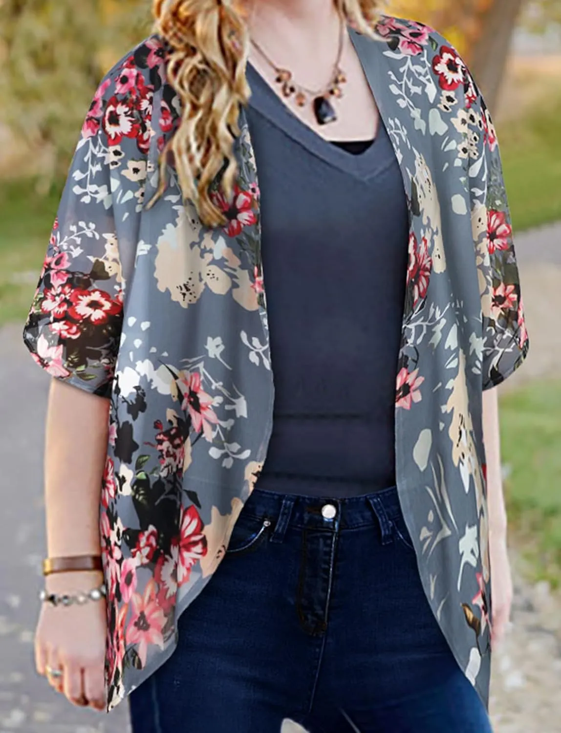 Women's Floral Print Puff Sleeve Kimono Cardigan Loose Cover Up Casual Blouse Tops