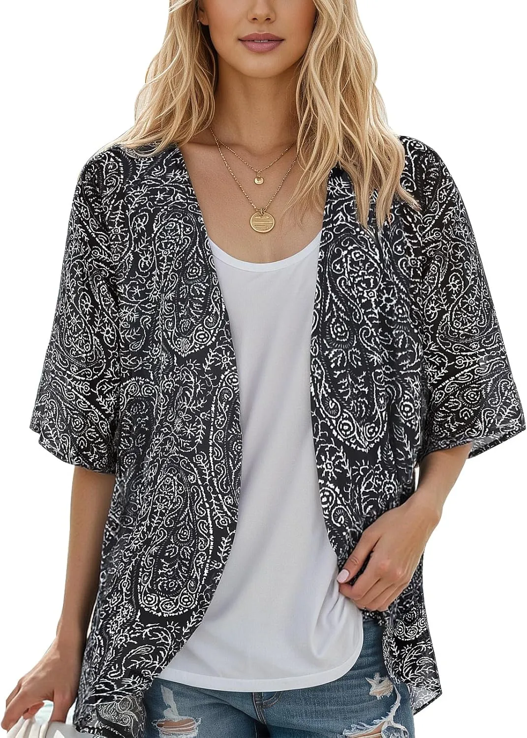 Women's Floral Print Puff Sleeve Kimono Cardigan Loose Cover Up Casual Blouse Tops