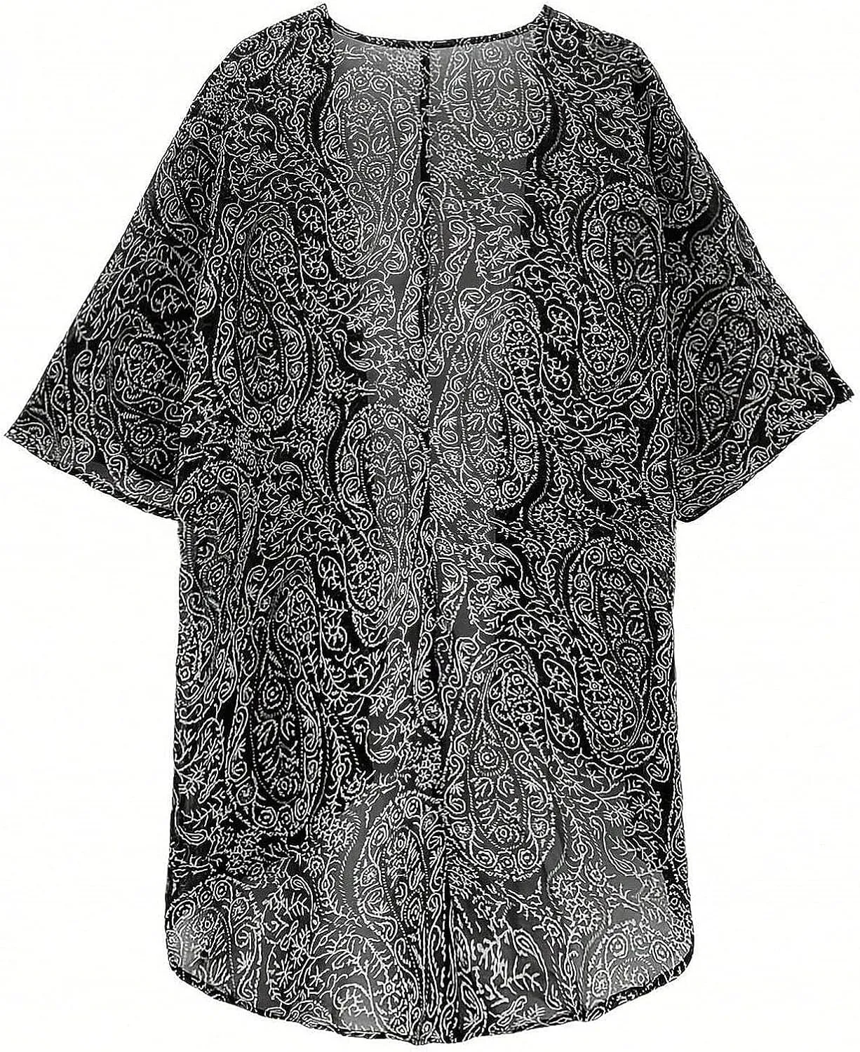 Women's Floral Print Puff Sleeve Kimono Cardigan Loose Cover Up Casual Blouse Tops