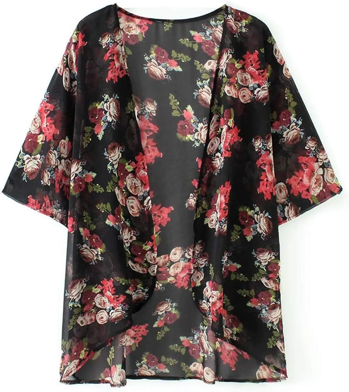 Women's Floral Print Puff Sleeve Kimono Cardigan Loose Cover Up Casual Blouse Tops