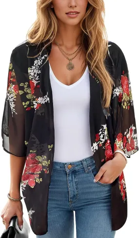 Women's Floral Print Puff Sleeve Kimono Cardigan Loose Cover Up Casual Blouse Tops