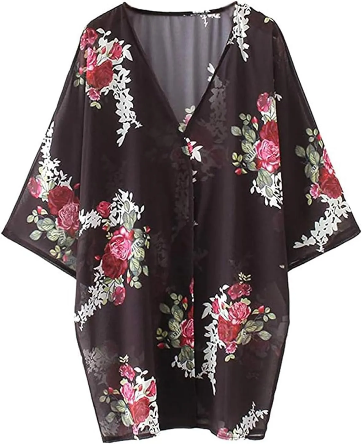 Women's Floral Print Puff Sleeve Kimono Cardigan Loose Cover Up Casual Blouse Tops