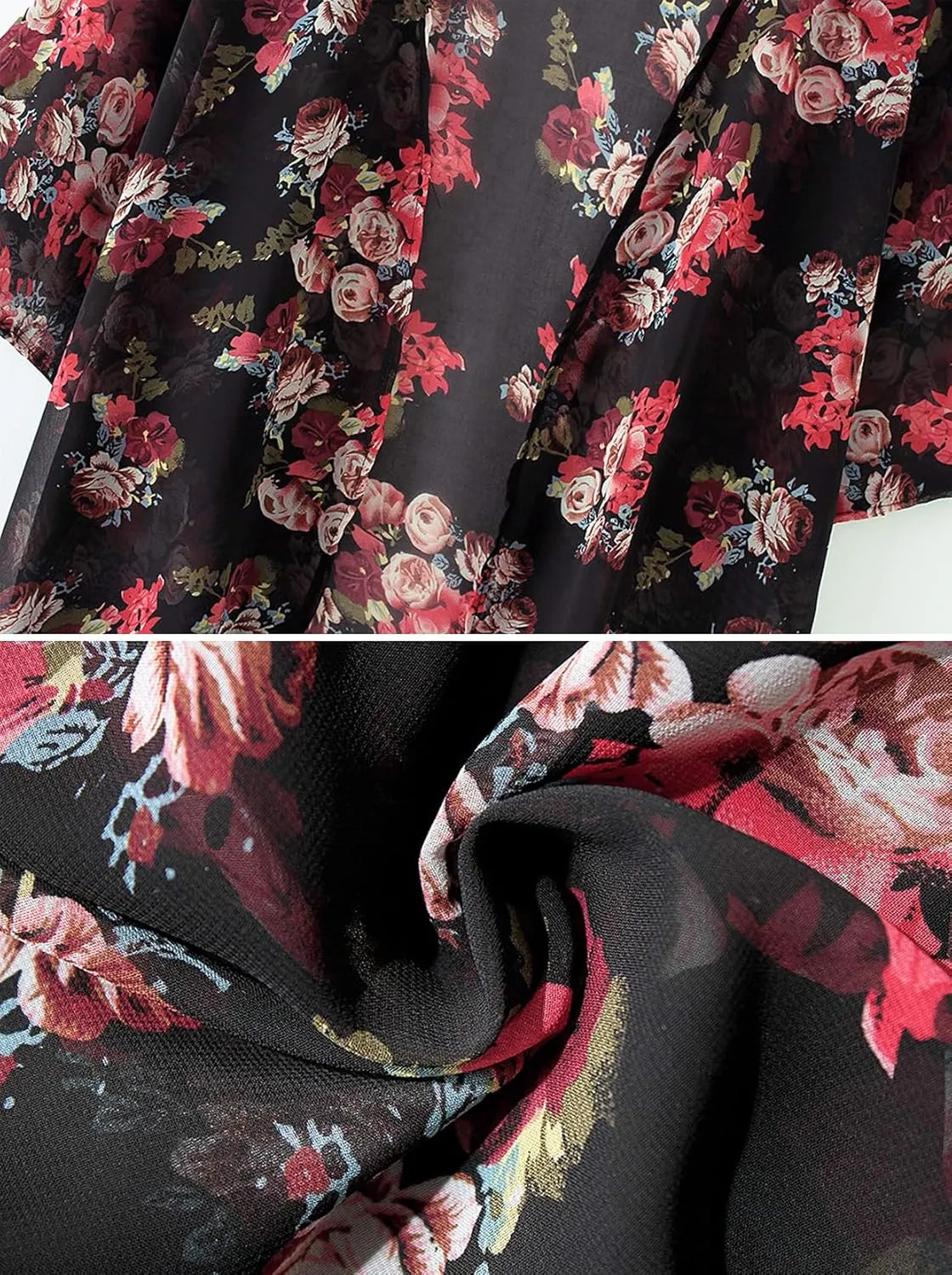 Women's Floral Print Puff Sleeve Kimono Cardigan Loose Cover Up Casual Blouse Tops