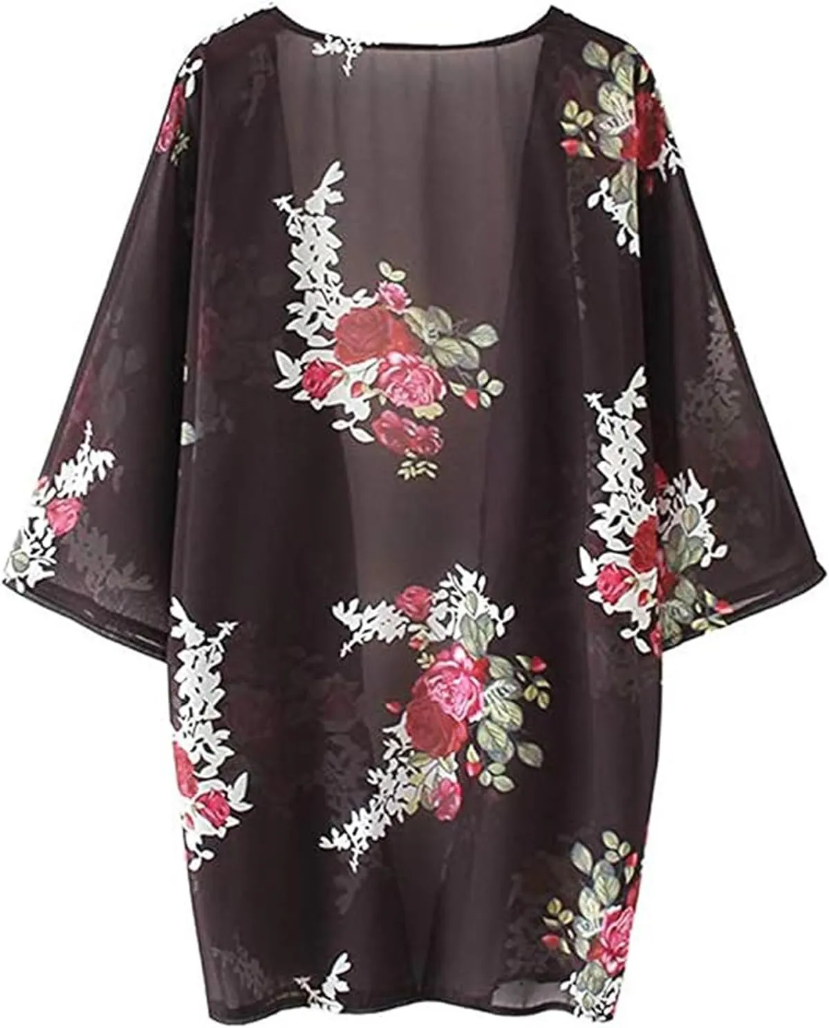 Women's Floral Print Puff Sleeve Kimono Cardigan Loose Cover Up Casual Blouse Tops