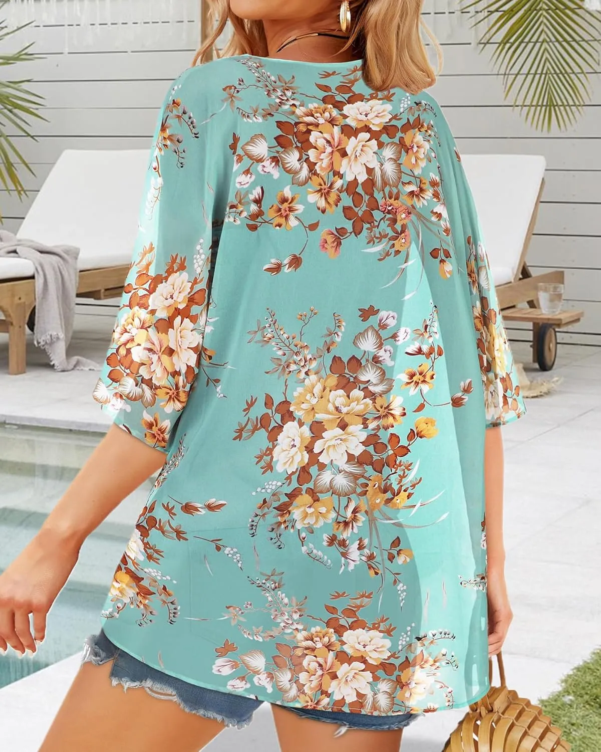 Women's Floral Print Puff Sleeve Kimono Cardigan Loose Cover Up Casual Blouse Tops