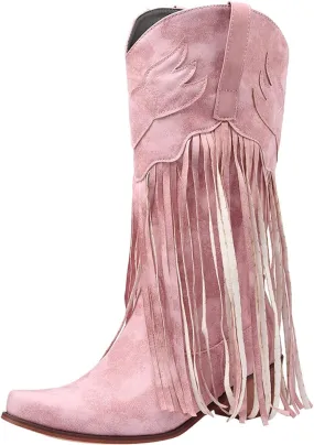Women's Fringe Cowboy Boots Square Toe Mid Calf Boots Chunky Heel Western Boots Wide Calf Knee High Boots