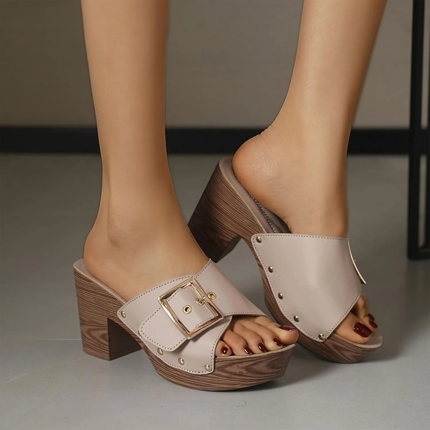 Womens Heels Comfortable Dressy Wedges Open Toe Buckle Strap Slides Chunky Block High Heel Platform Sandals Slip-On