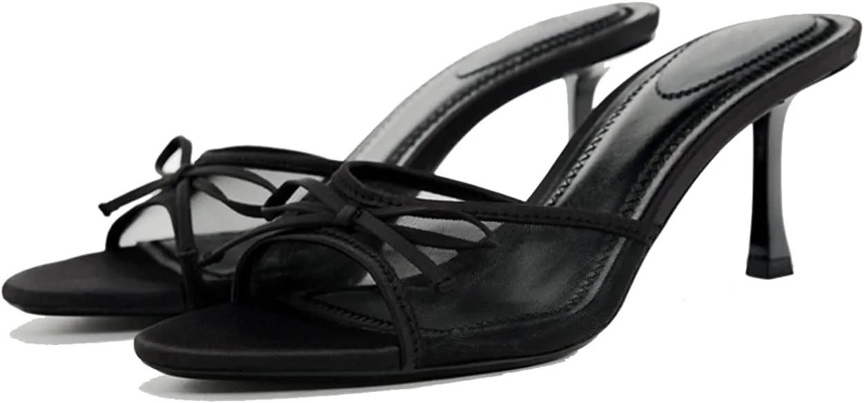 Womens Kitten Heels Bow Mesh Sandals