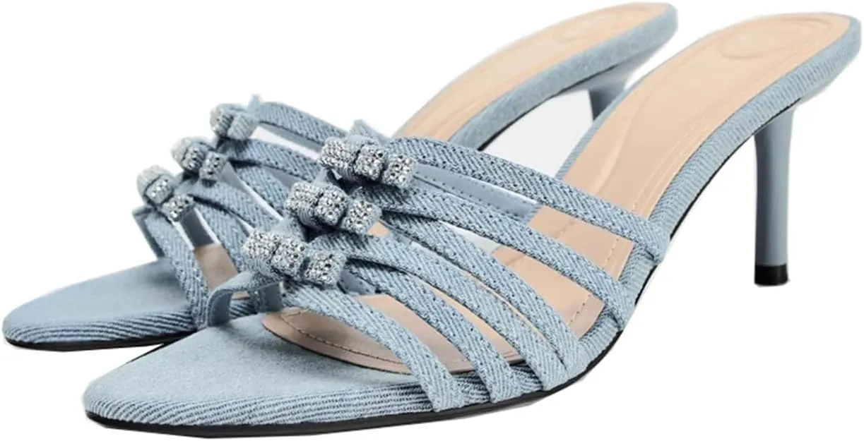 Womens Kitten Heels Bow Mesh Sandals
