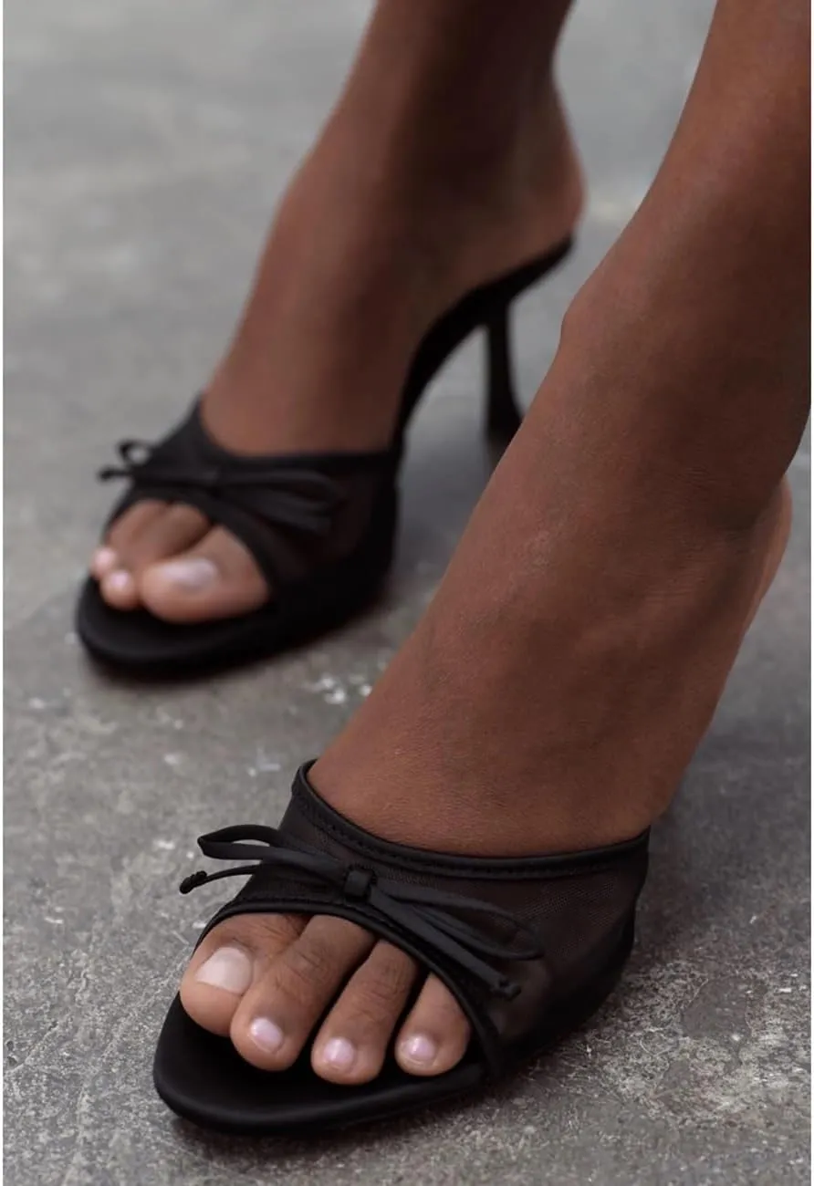 Womens Kitten Heels Bow Mesh Sandals