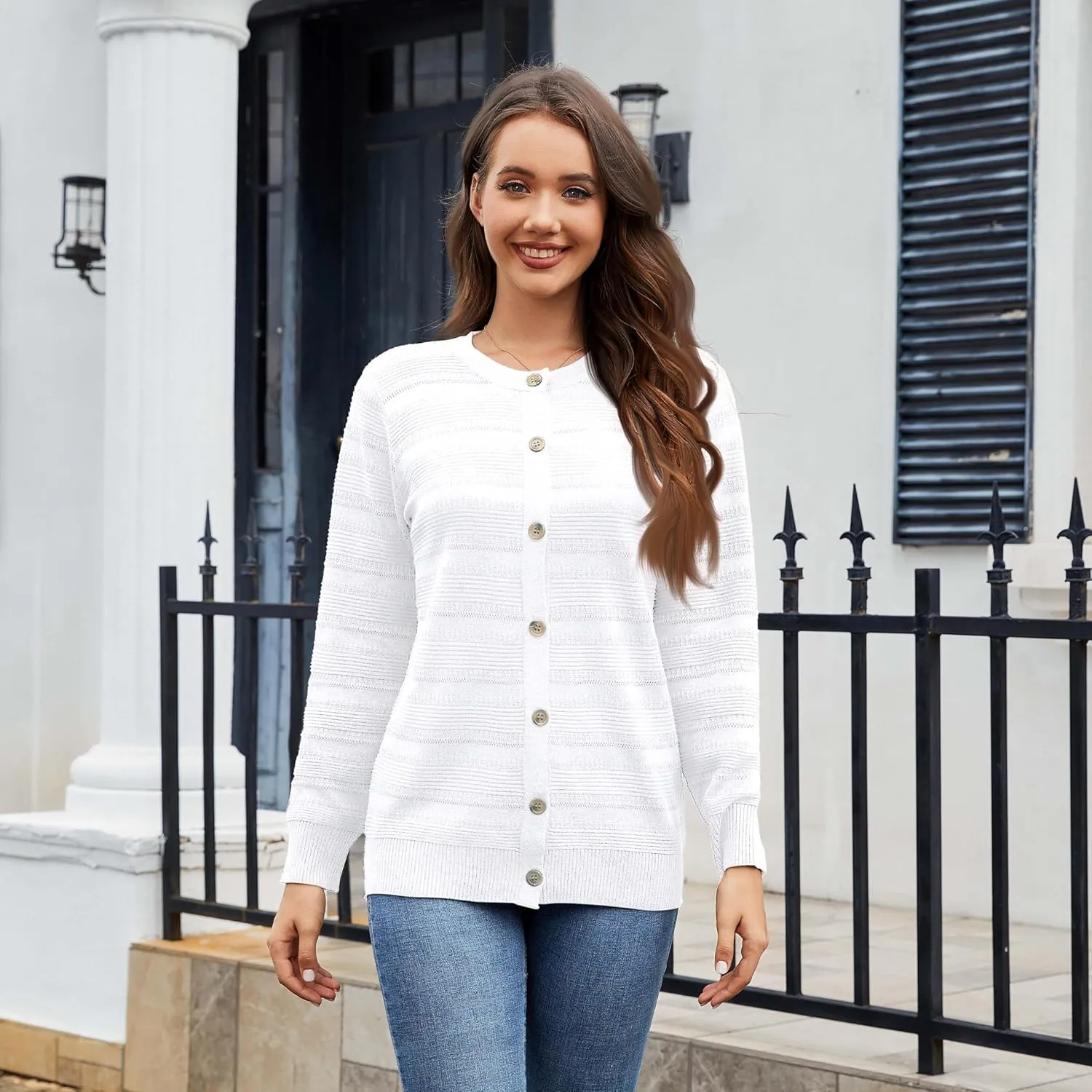 Women's Lightweight Crew Neck Button Down Long Sleeve Cardigan Knit Open Front Sweater
