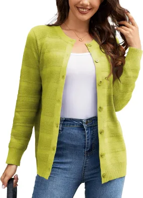 Women's Lightweight Crew Neck Button Down Long Sleeve Cardigan Knit Open Front Sweater