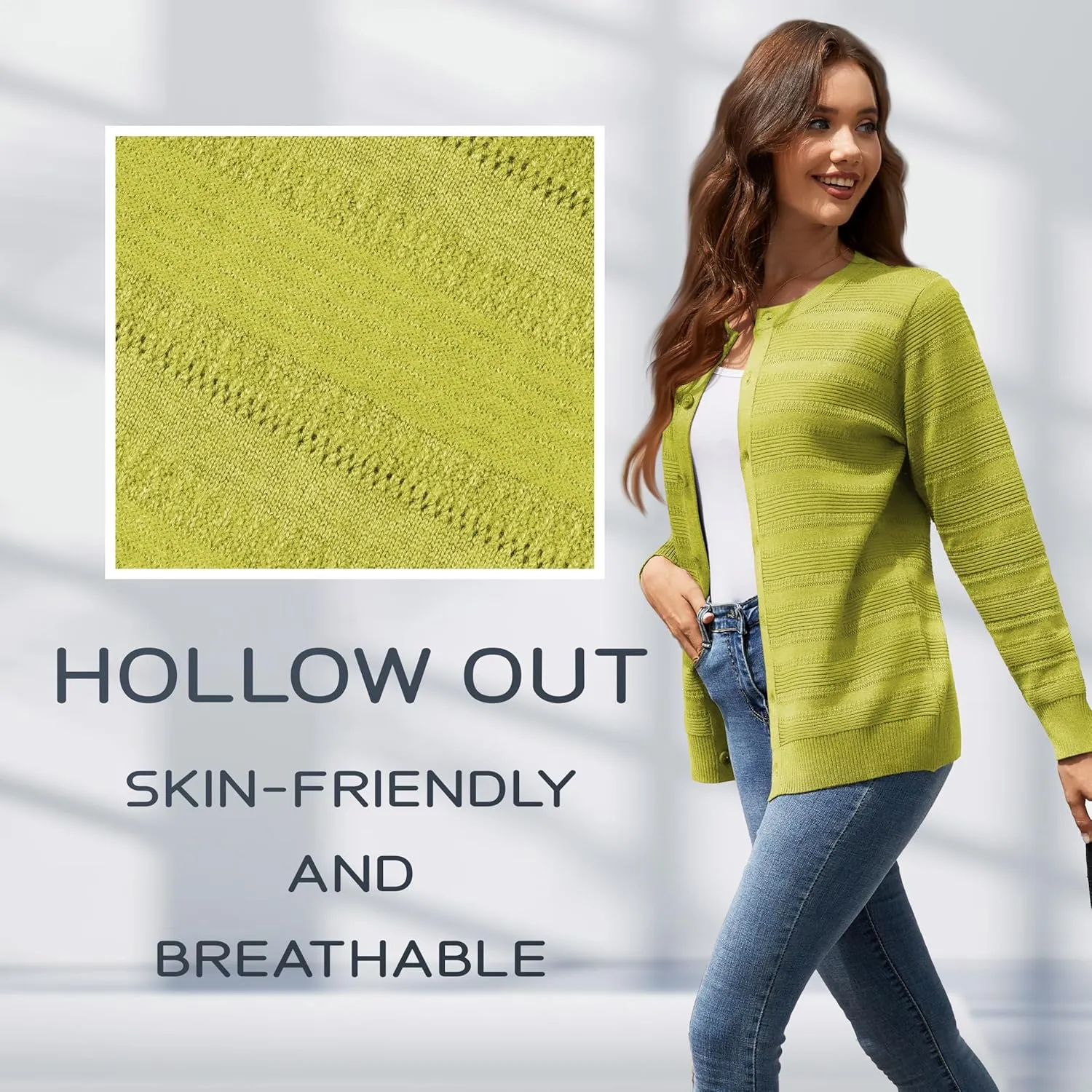 Women's Lightweight Crew Neck Button Down Long Sleeve Cardigan Knit Open Front Sweater