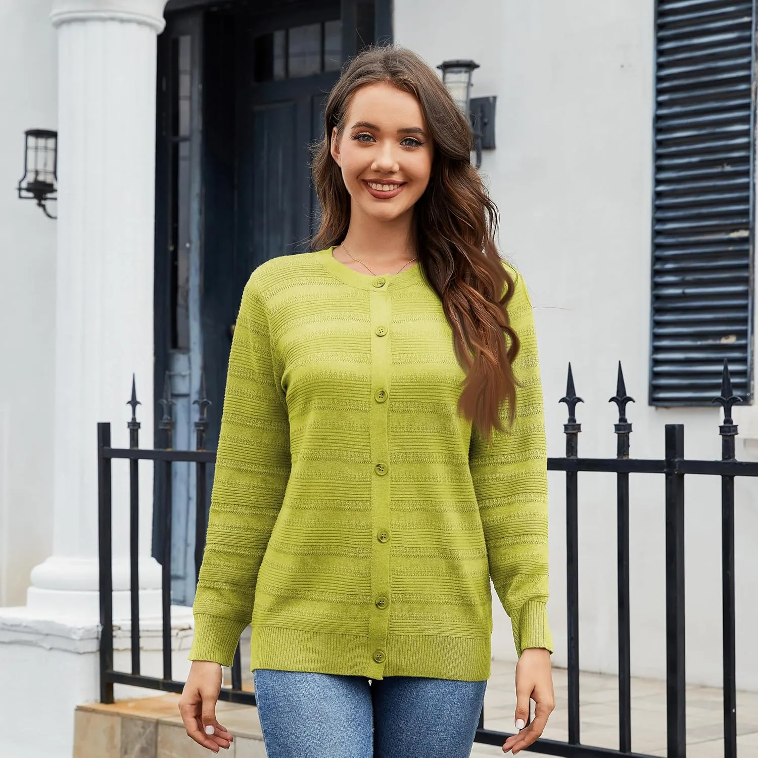 Women's Lightweight Crew Neck Button Down Long Sleeve Cardigan Knit Open Front Sweater