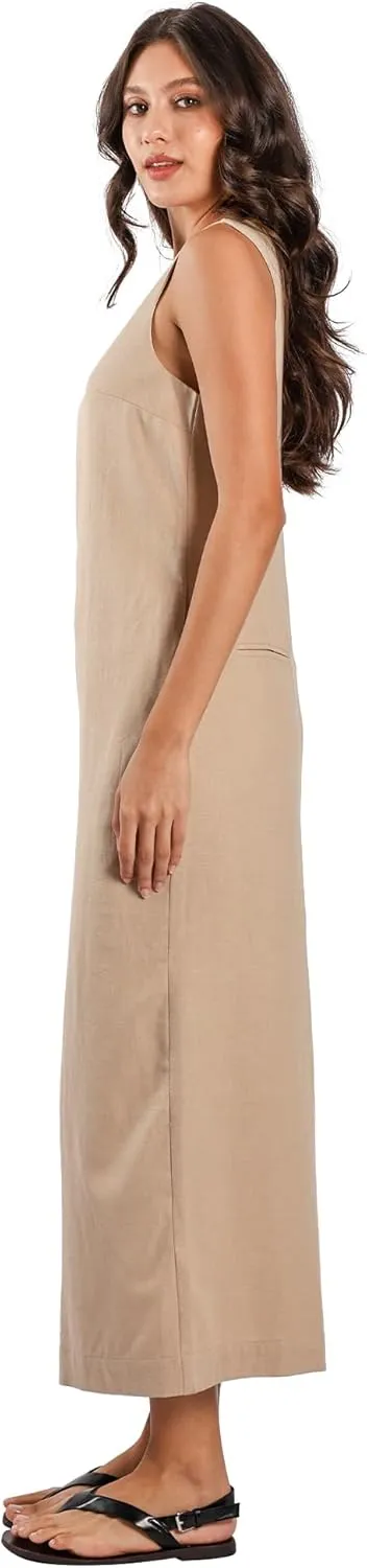 Women's Linen Cotton Dress V Neck Slit Hem with Hidden Pockets Casual Maxi Dress