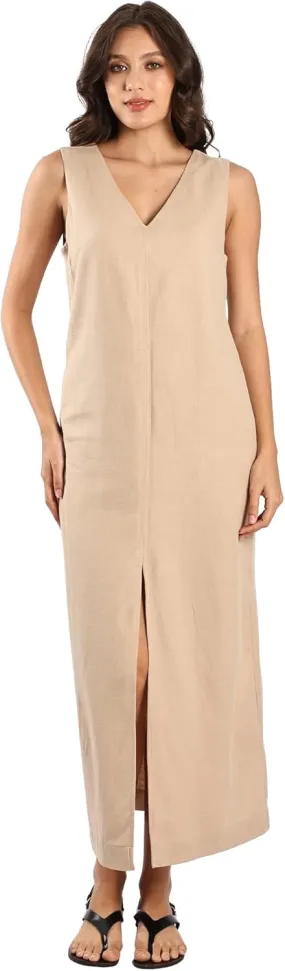 Women's Linen Cotton Dress V Neck Slit Hem with Hidden Pockets Casual Maxi Dress