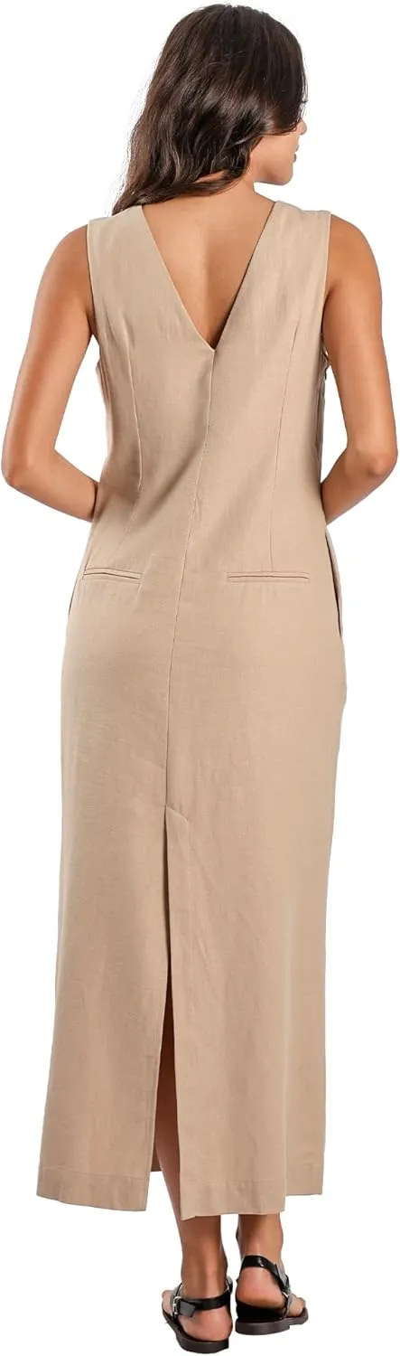 Women's Linen Cotton Dress V Neck Slit Hem with Hidden Pockets Casual Maxi Dress