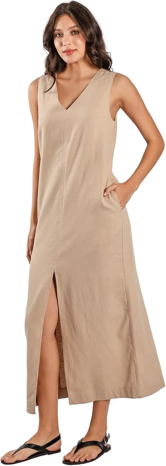 Women's Linen Cotton Dress V Neck Slit Hem with Hidden Pockets Casual Maxi Dress