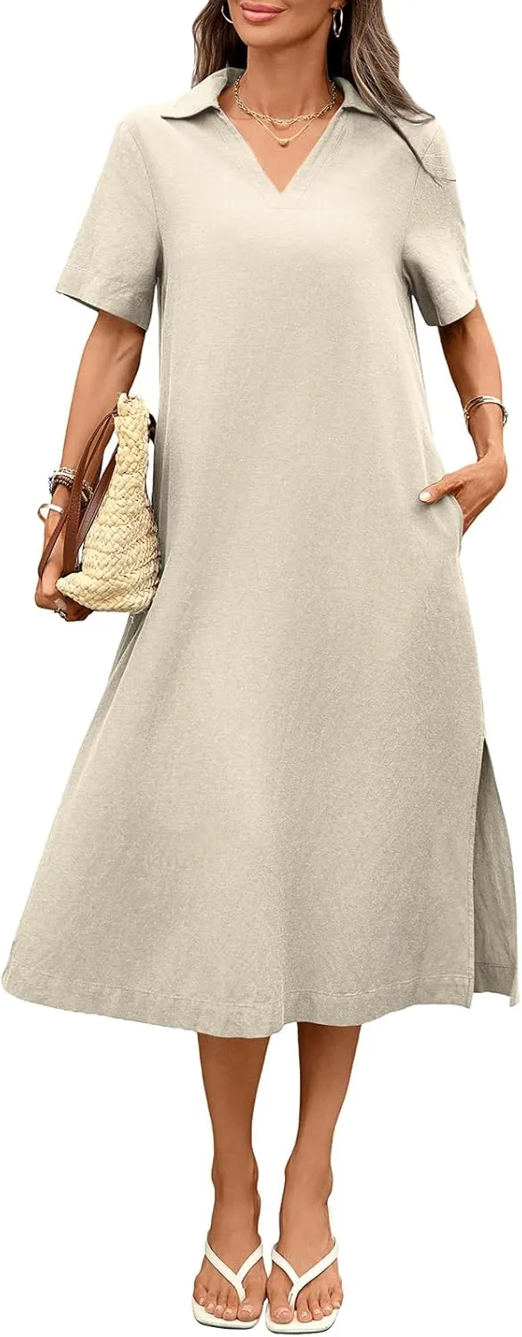 Women's Linen Midi Dress Loose Fit Collared V Neck Short Sleeve Slit Dresses with Pockets